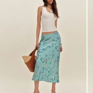REFORMATION Layla Silk Skirt Burano Turquoise Midi Slip Bias Cut Skirt